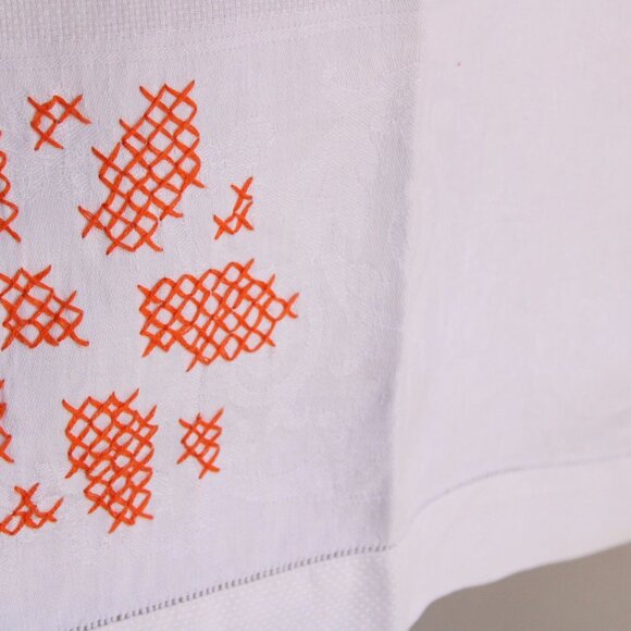 Vintage White Linen Damask Towels With Orange Cross Stitch, Set Of Hand Towel - Picture 11 of 13